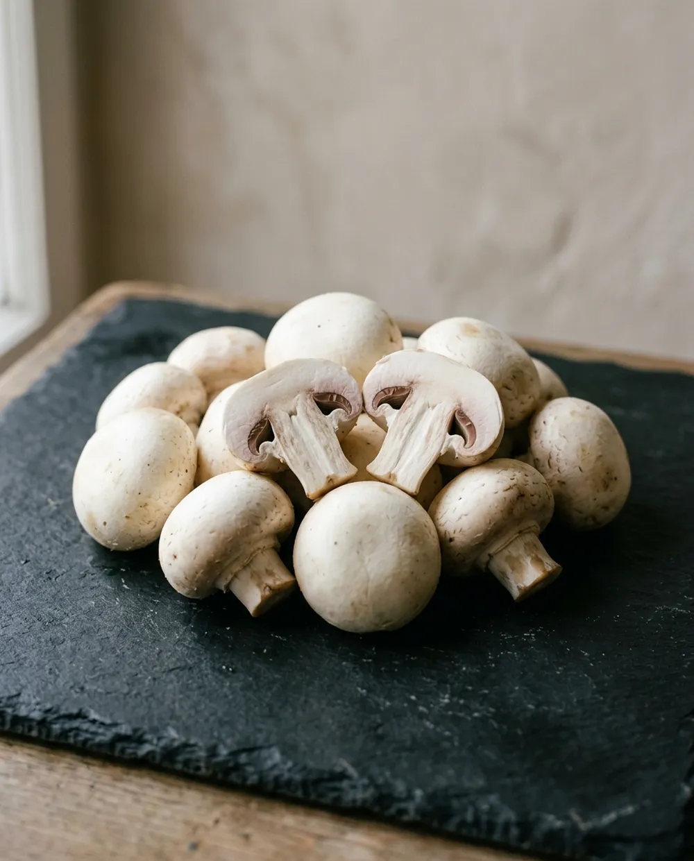 White button mushrooms, two halved, on dark slate